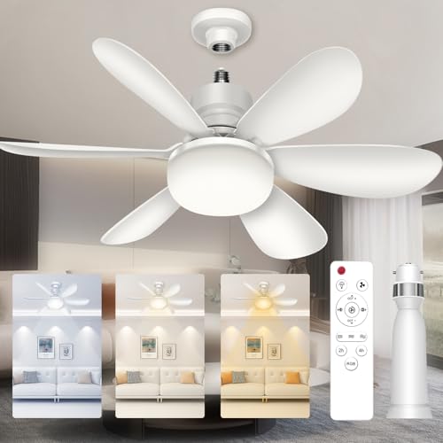 Socket Fan Light Ceiling Fans with Lights Bayonet Fitting and Remote, 40W E27 Modern Small Ceiling Fan with B22 to E27 Extender, 3 Color 3 Speed Dimmable LED Light Bulb Fan for Bedroom, Living Room