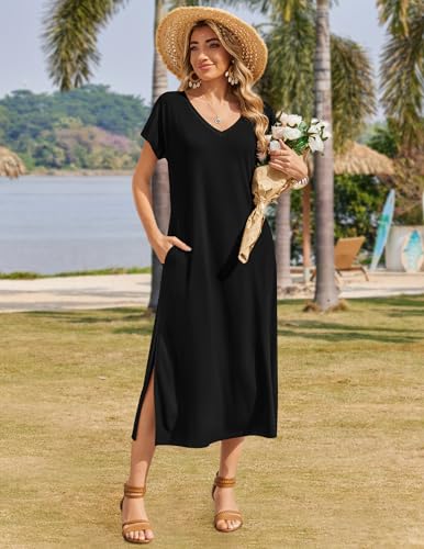 Image of Zeagoo Women Summer Floral Dress Short Sleeve Beach Dress with Pockets Casual V-Neck Split Long T-Shirt Dress Travel Vacation