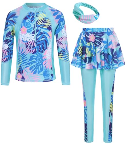 Image of Girls Long Sleeve Rashguard Half Zip Swimsuits UPF 50+ Two Piece Swim Sets with Hairband 5-12Y | Two Piece Swim Sets with Hairband