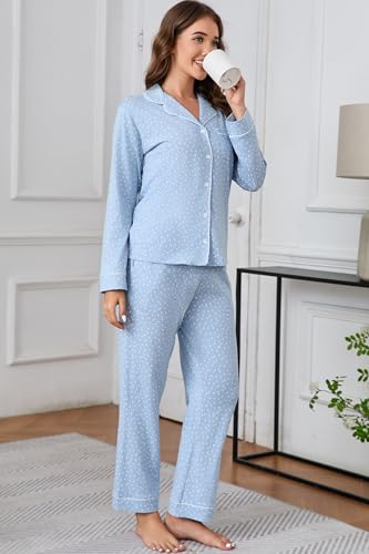 Image of LUBOT 100% Cotton Pajamas for Women Pajama Set Soft 2 Piece Sleepwear PJ Set Long Sleeve Knit Button Cozy Loungewear XS-XXL
