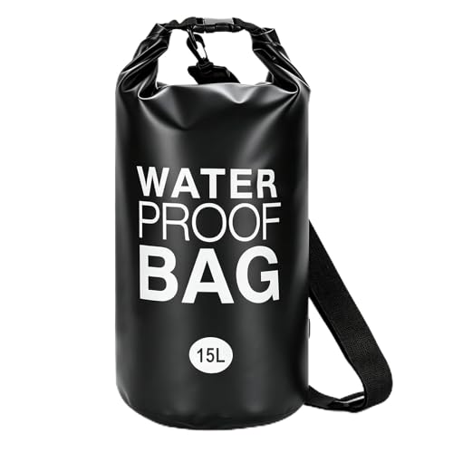 Bolsa Impermeável 15L com Alça Ajustável, PVC à Prova d'Água para Ciclismo, Esportes ao Ar Livre, Acampamento, Natação e Mergulho, Preta