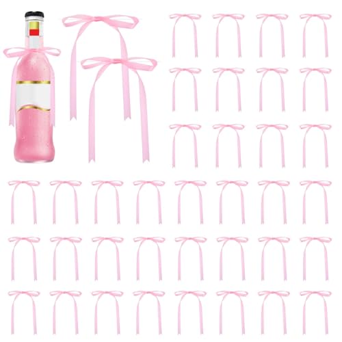 150 Pcs Twist Tie Bows for Cake 5x7 Inch Satin Ribbon Bulk Pre Made Bows for Wrapping Gift Treat Bags DIY Craft Wedding Baby Shower Birthday Party Decor(Pink)