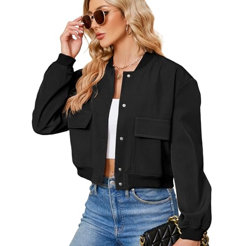 Zando Bomber Jacket Women 2025 - Short Cropped Jacket Women Button Down Long Sleeve Casual Varsity Jackets with Pockets