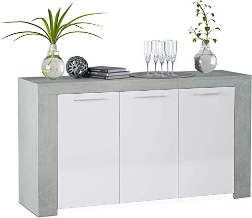 Buffet/Commode 3 Portes LONGI Couleur Gris Ciment et Blanc