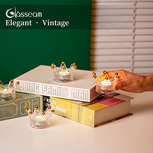 Glasseam Glass Tealight Candle Holder, Gold Rim Crown Crystal Candle Holders Set Of 6, Vintage Small Tea Lights Candle Holder Centerpiece, Decorative Votive Candle Holders For Table Wedding Christmas #TOP4