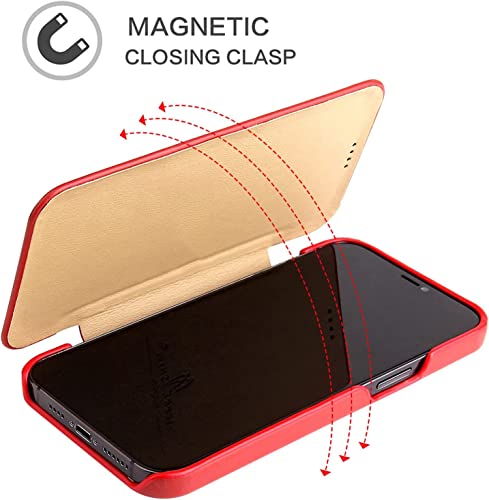 Étui en cuir véritable pour iPhone 14 Pro avec rabat aimanté élégant rouge chic