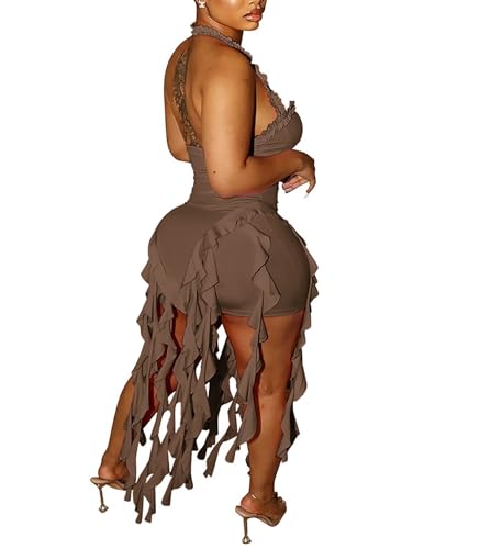 Image of Aro Lora Womens Sexy Halter Neck Sleeveless Ruffle Tassel Party Club Bodycon Mini Dress