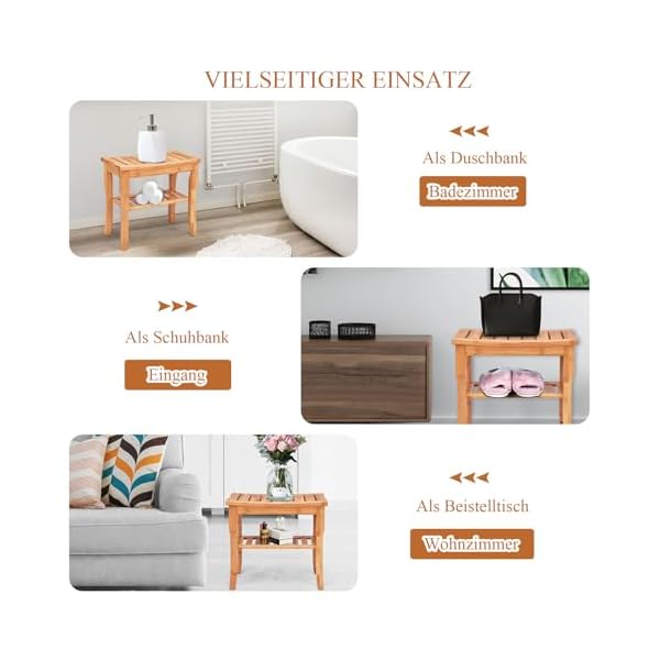 RELAX4LIFE Duschbank Bambus, Badhocker mit Ablage, Sitzhocker Duschhocker Wasserabweisend, Sitzbank Bad mit Rutschfesten Füßen, Mehrzweckhocker, Badezimmerhocker, 48,5 x 27 x 45 cm, Natur – Bild 5
