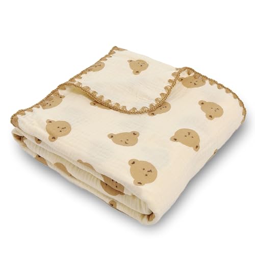 Image of Double Layered 100% Cotton Muslin Baby Blanket Ultra-Soft 40x40 Inch Swaddling Nursery Crib Blanket(Cute Bear)
