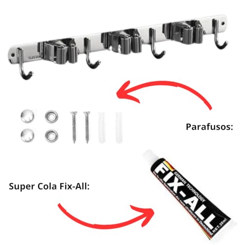 Suporte para Vassoura Mop Rodo Pá Organizador 7 Acessórios Parede Inox Silicone Resistente