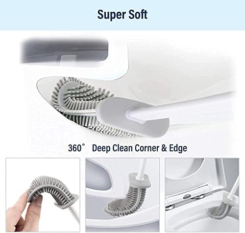 Toilet Brush Deep Cleaner Silicone Toilet Brushes With No-Slip Long Plastic Handle Flexible Bristles Toilet Brush With Quick Drying Holder Set For Bathroom