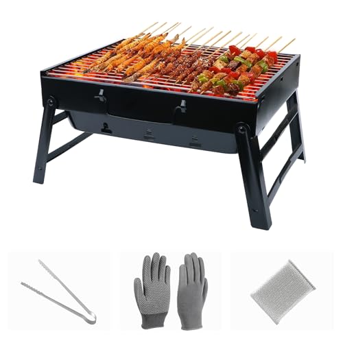Portable Charcoal Grill for Camping Tailgating Beach Boating Foldable Small Barbeque Grill for Outdoors Lightweight Tabletop BBQ Grill Set with Tongs Gloves Scrubber (14''x10'')