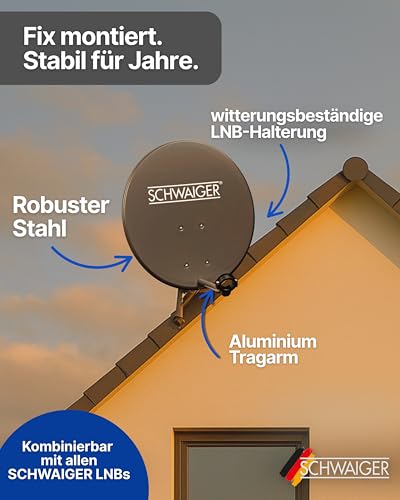 SCHWAIGER Satellitenschüssel Komplettset - Ø 60 cm Stahl Offset Antenne in Anthrazit - Inkl....