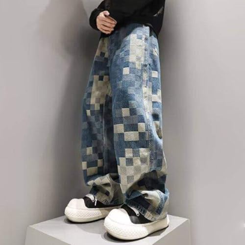 HZCX FASHION Mens Hip hop Y2K Checkerboard Skater Denim Pants Straight Wide Leg Baggy Denim Jeans Streetwear Trousers3