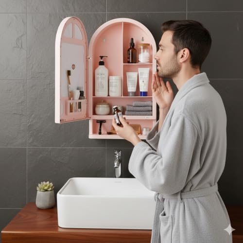 Image of BRANCO Plastic Ideal Mirror Cabinet | Multipurpose Cabinet | Wall Mounted Hanging Mirror Bathroom Accessories | Mirror Cabinet for Living Room, Bathroom, Bedroom (Pink)