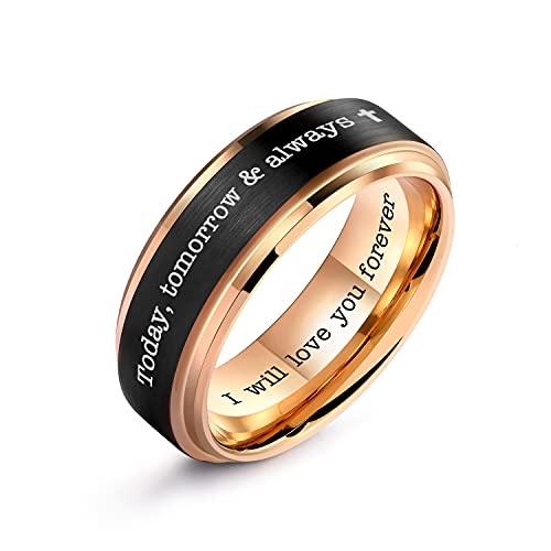 Lerchphi 8Mm Custom Tungsten Carbide Wedding Band - Engraved Promise Ring, 18K Rose Gold Stepped Edge With Black Matte Satin Finish, Size 10 #TOP17