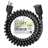 Vockjour 18AWG 15ft Black Coiled Extension Cord, 3 Prong Flexible Spiral Power Cord for Standing Desk, Garage, Workshop, Electric Tools (Circular Saw, Drill), Lift, 10A/125V/1250W, ETL Listed