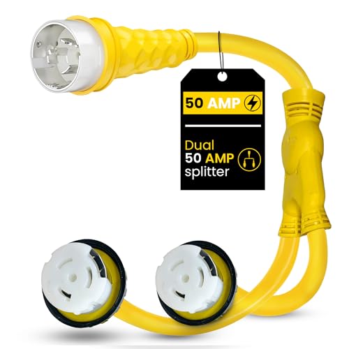 Amp Up Marine 50 Amp RV Y Splitter Shore Power Adapter Cord, 125/250V 50A Male to (2) x 125V 50A Female Receptacles, Heavy Duty Marine & Camper Power Splitter for RV, Boat, Camper & Shore Power