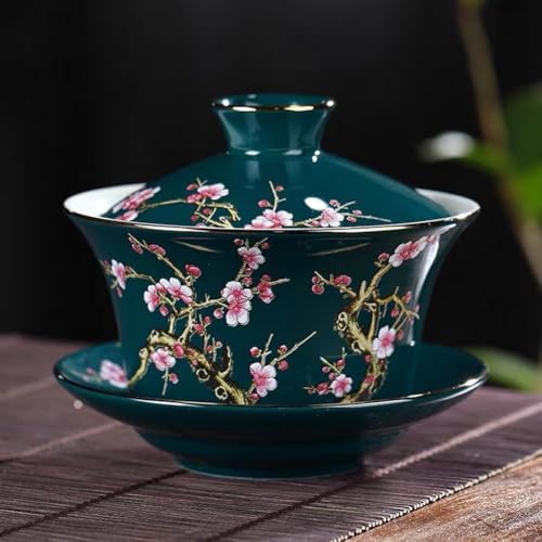 Image of 10oz Large Gaiwan, Ceramic Teacup -Embossed Plum Patterns (Green)