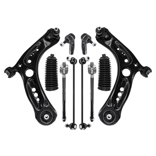 POWERGEAR Suspension Steering Kit Front Lower Control Arms w/Ball Joint Sway Bar Links Outer/Inner Tie Rods Boot Compatible with 2015-2020 Audi A3 S3 2015-2018 Volkswagen GTI Golf 10PCS