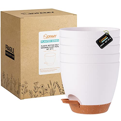 Jofamy 6 Inch Planter Pots, 5-Pack Self Watering Planters For Indoor Outdoor Plants, Plastic Plant Pots Set With Drainage Hole, Decorative White Flower Pots For All House, Garden Plants #TOP6