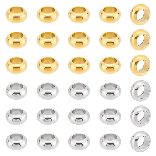 UNICRAFTALE 30Pcs 2 Colors 304 Stainless Steel Spacer Beads Rondelle Beads Golden Beads 6mm Hole Hollow Beads Metal Loose Beads Large Hole Bracelet Beads for DIY Necklace Jewelry Making
