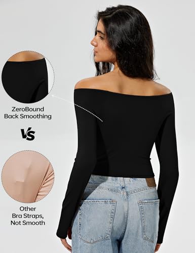 ZeroBound Built in Shelf Bra Off Shoulder Tops - Long Sleeve Off Shoulder Crop Shirts for Women, Basic Going Out Tops4