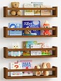Forbena Dark Wood Nursery Kids Bookshelf Wall Mounted, Wooden Floating Nursery Book Shelves for Wall, Hanging Kids Bookshelves for Toddler Baby Room Bedroom Bathroom (Solid Pine, Walnut Brown, 4 Pack)