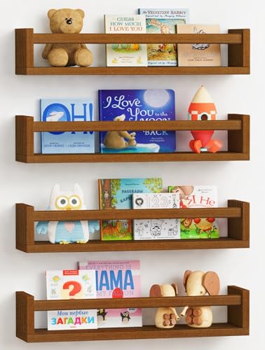 Image of Forbena Dark Wood Nursery Kids Bookshelf Wall Mounted, Wooden Floating Nursery Book Shelves for Wall, Hanging Kids Bookshelves for Toddler Baby Room Bedroom Bathroom (Solid Pine, Walnut Brown, 4 Pack)