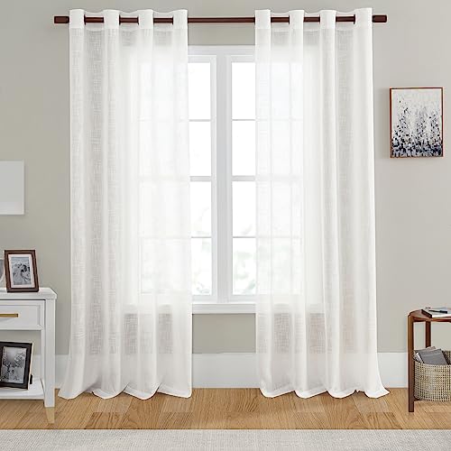 ZHOCHI White Faux Linen Textured Sheer Window Curtains,Heavy Weight Semi Voile Drapes with Anti-Rust Silver Grommets for Bedroom,Living Room,Dinning Room,Glass-Patio,Set of 2,54x84 inches.
