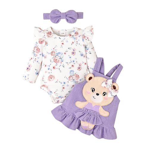 Image of Baby Girl Clothes Suspender Skirt Newborn Ruffled Flower Romper + Cute Bear Dress + Headband Fall Outfits 0-18 Months