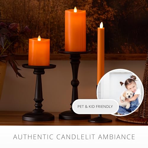 Image of Luminara Taper, 1 inch x 9.5 inch AA Battery Wax Flameless Candle w /Timer, Remote Available Russet Orange Flickering White LED Light Flame, Home Decor for Halloween Fall Indoor Candlestick Decoration