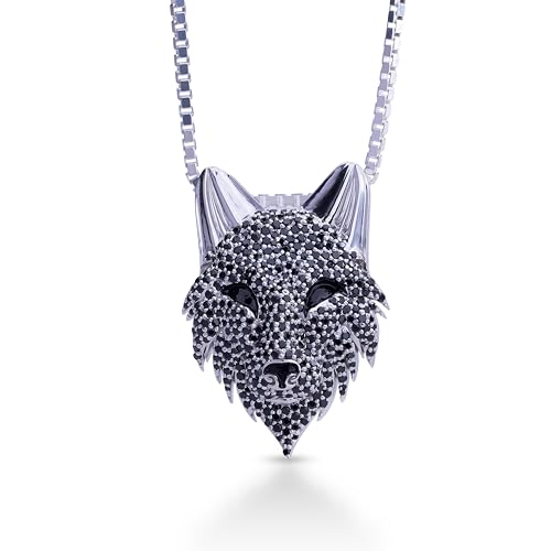 AAA Black CZ Studded Fenrir Wolf Necklace for Men 925 Sterling Silver Wild Animal Wolf Head Pendant with Chain Norse Viking Jewelry Hip Hop Style
