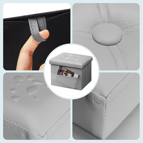 Image of Bsketa Storage Ottoman Bench,17 Inch Folding Leather Foot Rest Stool, Grey | Small Ottoman with Side Pockets, Thicker Foam Padded Seat, Livingroom, Dorm, Bedroom, Easy to install, 43L,17x13x13in
