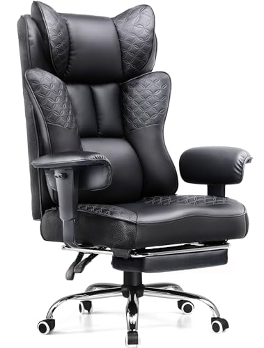 GTPLAYER Big and Tall Office Chair 400LBS Wide Ergonomic Gaming Chair with Deluxe Embossing Designed Leather with Foot Rest,150°Reclining Adjustable Soft Armrests Pocket Spring Back Support and Pillow