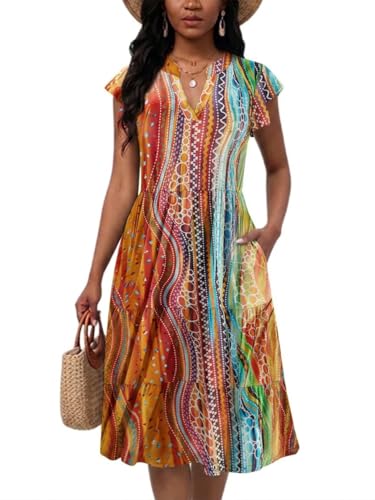 Image of Womens Summer Dress Ruffle Sleeve V Neck Midi Dresses Casual Fit Flowy Tiered Boho Beach Vacation Sundress