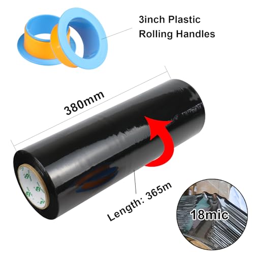 Image of BOMEI PACK 1 Pack 1200ft Industrial Black Stretch Wrap Film 70 Gauge 15 inch with 3inch Plastic Rolling Handles for Pallet Wrap, Durable Self-Adhering Packing, Moving, Heavy Duty Shrink Film