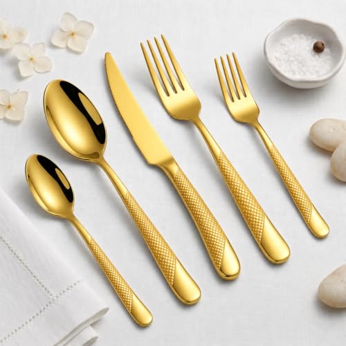 Image of Aurum Gold French Style Silverware Set | 5-Piece Hammered Flatware with 2-in-1 Serrated Knife | 18 /10 Stainless Steel Cutlery Set | Perfect for Home, Restaurant & Luxury Gifting