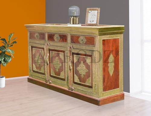 Image of APRODZ Hand-Painted Solid Wood Sideboard Cabinet with 3 Doors & 3 Drawers | Antique Brass Wooden Storage Cabinet for Bedroom Living Room & Kitchen | Crockery Cabinet, Kitchen Storage, 54x16x32