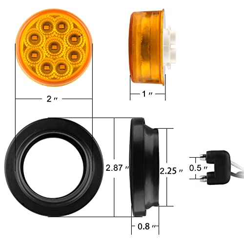 10Pcs 2 Inch Round Led Marker Lights Amber 9 Leds W/Reflectors, 2 Inch Round Led Side Marker Clearance Lights Sealed 2 Round Truck Trailer Marker Lights W/Rubber Grommets And 2 Prong Wire Pigtails #TOP3