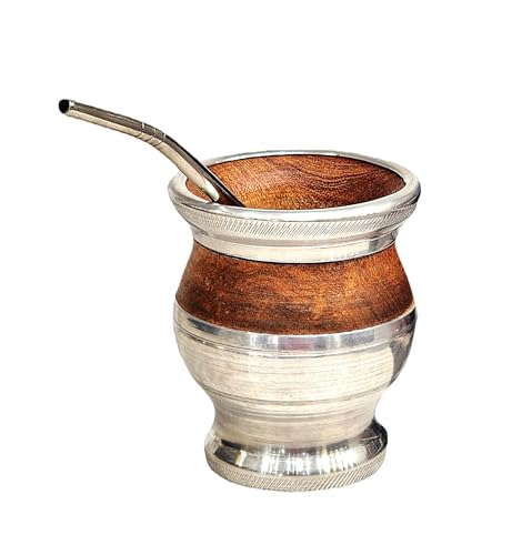 Vaso Mate Argentino Tradicional, Hecho a mano en Madera de Algarrobo con Recubrimiento de Acero Inoxidable, Mate con bombilla Gourd mate mug