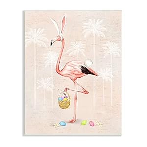 Stupell Industries Easter Flamingo Pink Bird Egg Hunt Basket Wall Plaque, 10 x 15, Beige