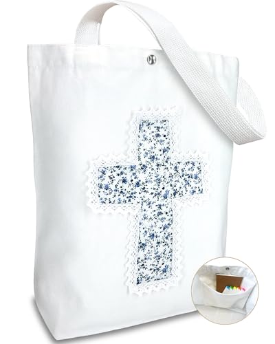 Image of Christian Tote Bag Gift for Women, Canvas Bible Bag Handmade Floral Cross | Christian faith-inspired gift, handcrafted cross with lace, inner pocket, snap closure, bottom gusset, church Bible study use