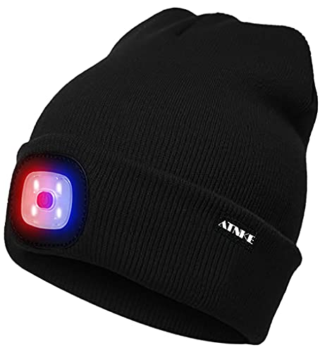 ATNKE Brillante LED Iluminado Beanie Cap Unisex Recargable Faro Sombrero Rojo y Azul Resplandor Parpadeante Alarma Faro Multicolor/Negro