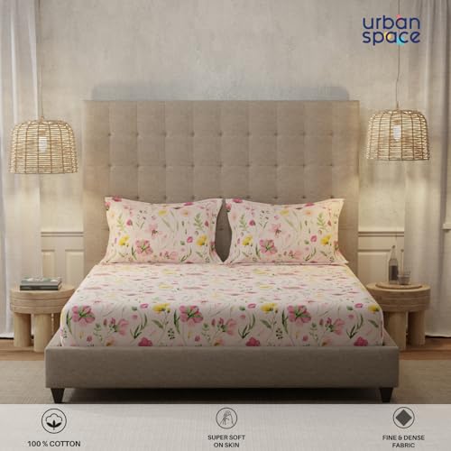 Image of Urban Space Serene 200 TC 100% Cotton Bedsheet for King Bed, Cotton King Bedsheet with 2 Pillow Covers Floral(Meadows Rose Pink, Size 108 x 108 inches)