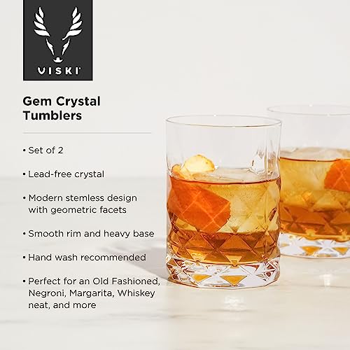 Viski Raye Gem Crystal Lowball Liquor Tumblers Set Of 2 - Stylish Glasses For Whiskey, Bourbon, Old Fashioned And Scotch, Cocktail Glass Gift Set, 10 Oz #TOP1