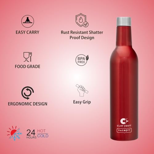 Image of Clay Craft Vacbott IVY Wine Double Walled|18 Hours Hot and 24 Hours|Cold Vacuum Insulated Flask Bottle|2 Piece, 760 ml Steel Bottles for Travelling|BPA-Free|BIS Certified|1Year Limited Warranty
