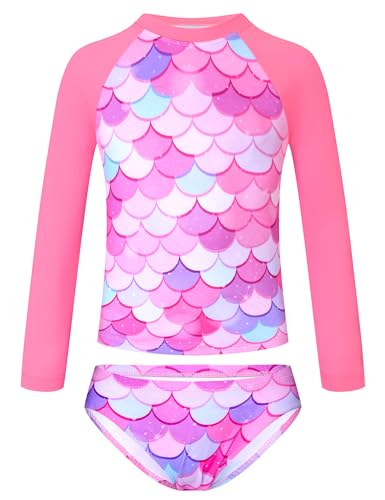 Image of TENVDA Girls Swimsuit Long Sleeve Rash Guard Sets UPF 50+ Two Piece Bathing Suits Size 3-12 Years