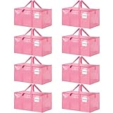 8 Pack Extra Large Heavy Duty Moving Bags, Pink Storage Bins with Lids, Reinforced Handles & Heavy-Duty Zippers Moving Boxes Storage Bags Totes for Clothes Packing, Dorms, College Supplies, Pink