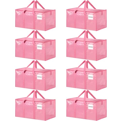 8 Pack Extra Large Heavy Duty Moving Bags, Pink Storage Bins with Lids, Reinforced Handles & Heavy-Duty Zippers Moving Boxes Storage Bags Totes for Clothes Packing, Dorms, College Supplies, Pink